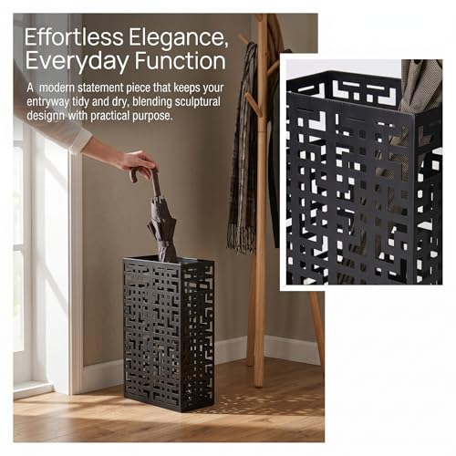 Metal Umbrella Stand for Entryway - Modern Hollow Storage Bin, Black