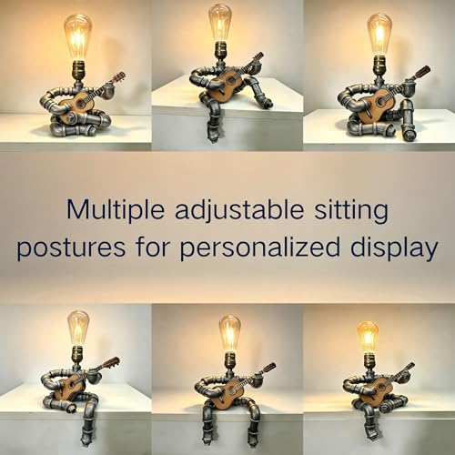 Silver-Gray Steampunk Guitar Pipe Robot Table Lamp with Wooden Guitar & Edison Bulb – Adjustable Industrial Water Pipe Desk Lamp – Music Lovers Gift