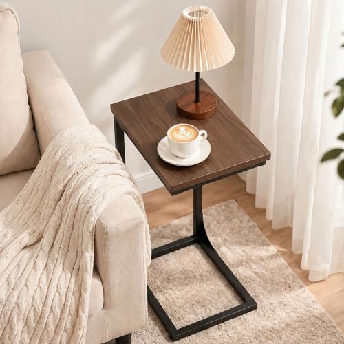 TEMI C Shaped End Table for Couch - Rustic Walnut, No Power Outlets, Space-Saving Side Table for Living Room or Bedroom - Set of 1