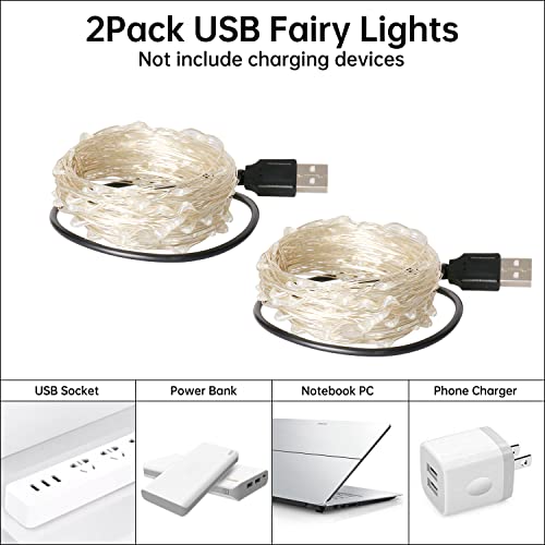 Blingstar USB Powered Fairy Lights 2 Pack 33 Ft 100 LED Cool White Silver Wire
