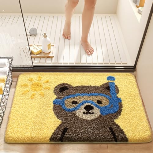 Cute Cartoon Bear Bathroom Rug, Soft Microfiber Mat, Non-Slip