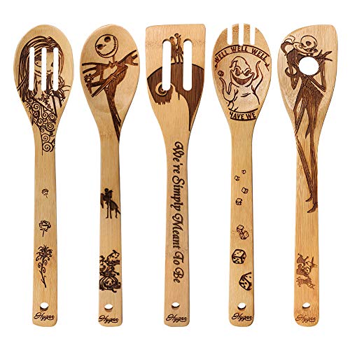 Nightmare3 Halloween Burned Wooden Spoons Set - 5 Piece Utensil Collection, Rustic Kitchen Decor & Gift