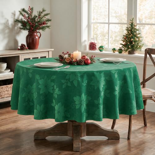 Horaldaily Green Jacquard Round Tablecloth 60x60 Inches for Christmas & Holiday Dining