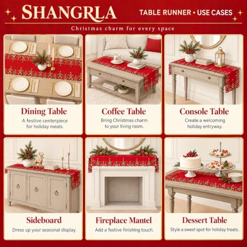 SHANGRLA Embroidered Red Christmas Tree Table Runner 54 in