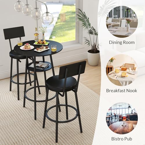 3-Piece Pub Table and Bar Stool Set with Cushioned Seats - Black