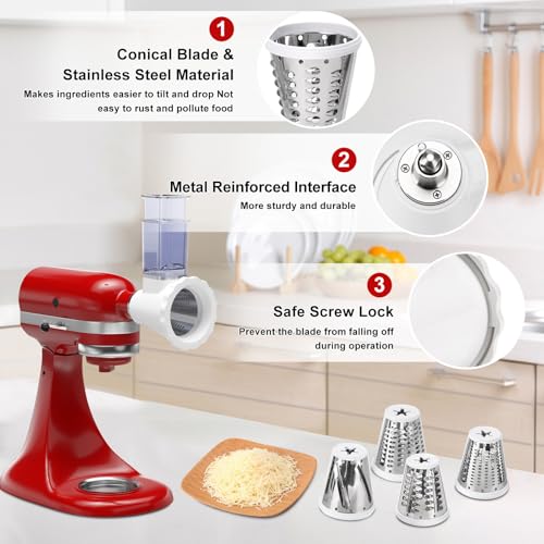 Stand Mixer Cheese Grater and Slicer Attachment with 4 Stainless Blades