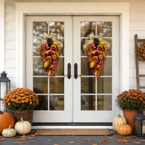 25-Inch Fall Teardrop Swag with Pumpkins, Pinecones and Burlap Bow