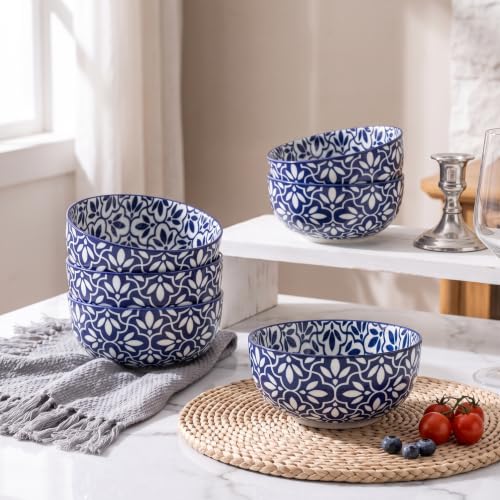 JINGUS Lattice 28 oz Cereal Bowls Set of 6 – Vintage Blue & White Porcelain