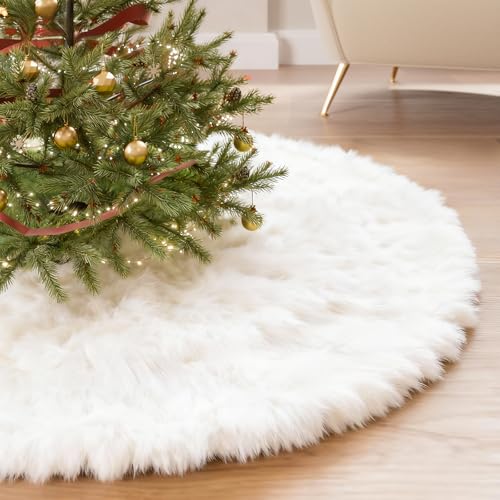 White Plush Christmas Tree Skirt - 36 Inch Soft Wool Fur Holiday Decor