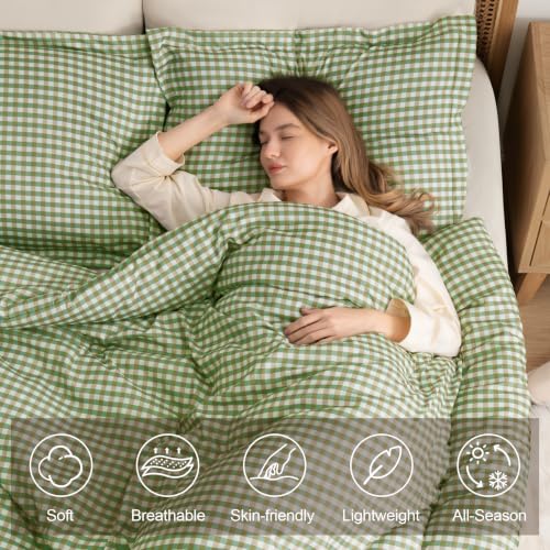 King Comforter Set Green Gingham Plaid - 3-Piece Soft Farmhouse Bedding