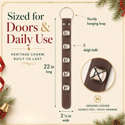 Bevin Bells Brown Nickel Genuine US-Sourced Leather Sleigh Bell Strap, 5 x 1.5in Brass Bells Door Hanger