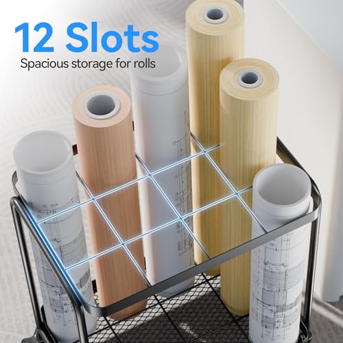12-Slot Rolling Blueprint Storage Rack with Silent Wheels and Carbon Steel Frame