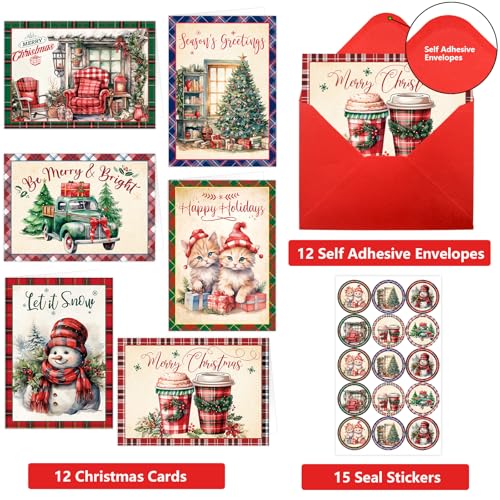 Vintage Christmas Cards with Envelopes - 12 Plaid Retro Holiday Note Cards