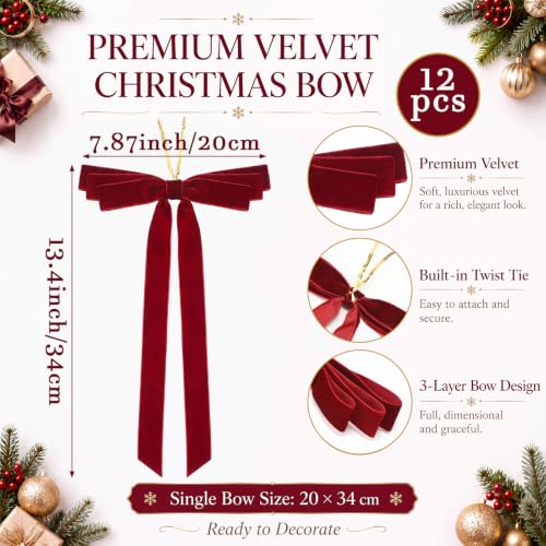 Giegxin Burgundy Velvet Christmas Bow Ornaments 8 x 13 Inches, Set of 12