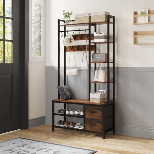 6-in-1 Entryway Hall Tree with Storage Bench, Drawers, Shelves, and Coat Rack