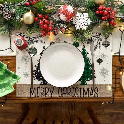 Artoid Mode Green Pine Trees Christmas Placemats Set of 4, 12x18 Inch Holiday Table Decor