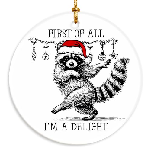 Funny Raccoon Christmas Ornament - Woodland Santa Hat Ceramic Keepsake