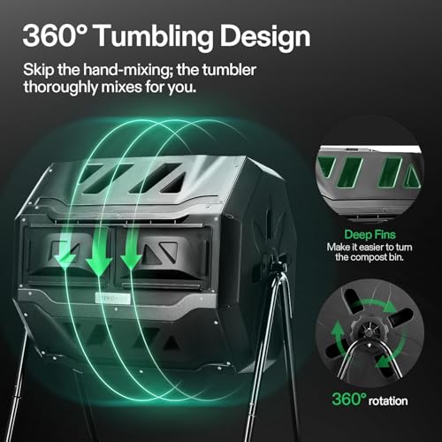 Dual Chamber Tumbling Composter 43 Gallon Rotating Compost Bin for Garden
