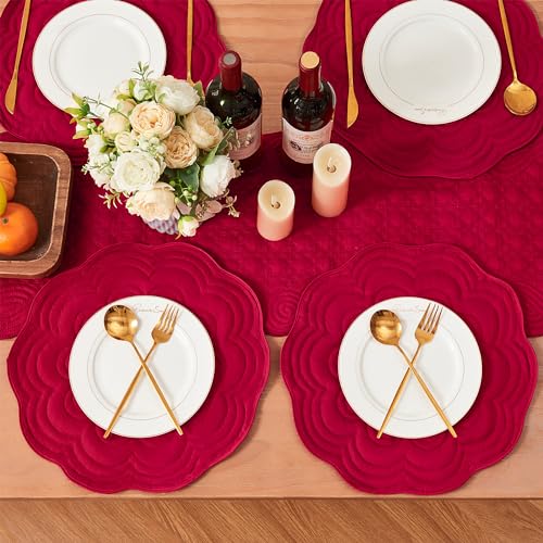 Loom and Mill Christmas Red Quilted Round Placemats Set of 6, 15-inch