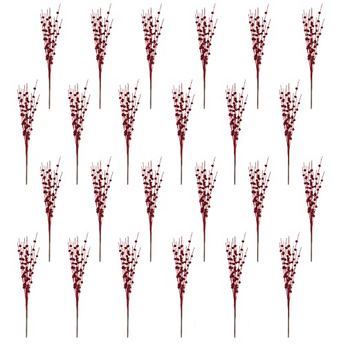 Red Glitter Holly Berry Stem Ornaments - 24 Pack for Christmas Decor