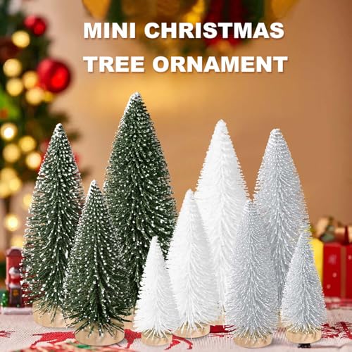 KPX 9pcs Mini Christmas Tree Set - Green, Silver, White Desktop Artificial Pine Trees with Wooden Bases