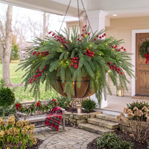 Riceshoot 2 Pcs Christmas Artificial Norfolk Pine Branches with Red Berries - Berry Variation
