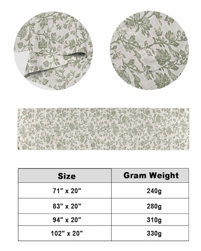 Sage Green Queen Bed Runner - Vintage Botanical Satin Bed Scarf (94"x20")