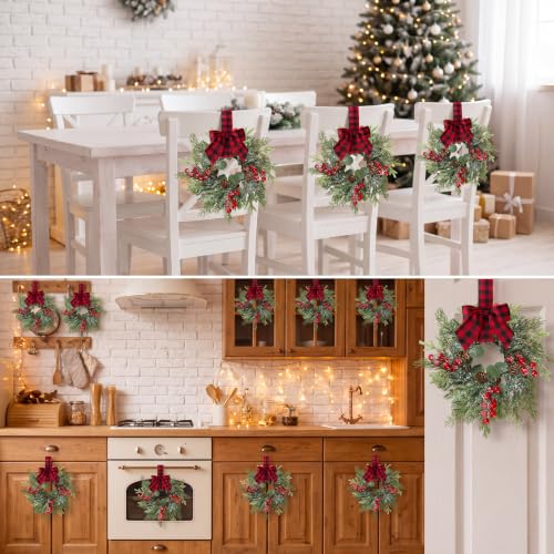 Sggvecsy 4-Pack Mini Christmas Cabinet Wreaths with Norfolk Pine & Burlap Bows
