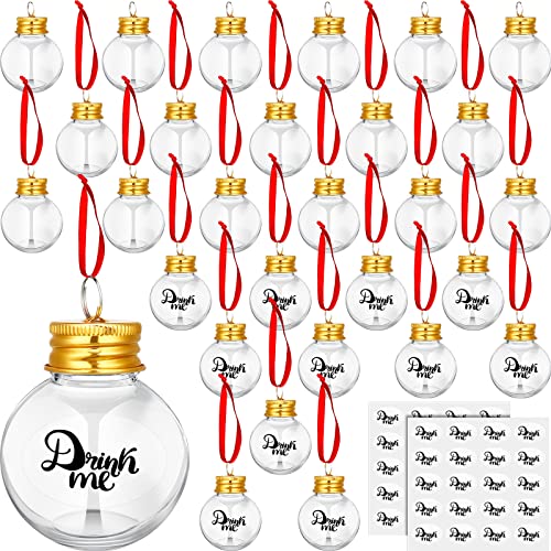 Patelai 36 Pieces Clear Plastic Christmas Drink Ball Ornaments with Gold Cap & Red Ribbon