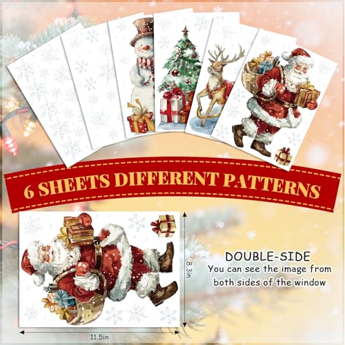 Christmas Window Clings 6 Sheets Santa Claus Snowman Nutcracker Reindeer Snowflake PVC - Reusable