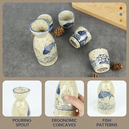 Cream-Fish Ceramic Sake Set 5pcs - Japanese Saki Carafe & Cups - PUNNIO