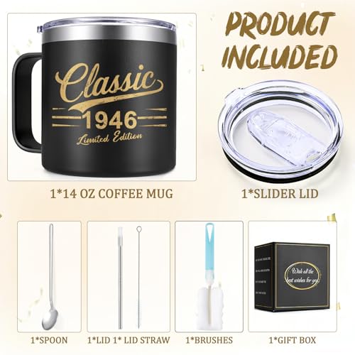 80th Birthday Gifts for Men - Classic 1946 Insulated Coffee Mug with Lid & Straw, 14oz Black