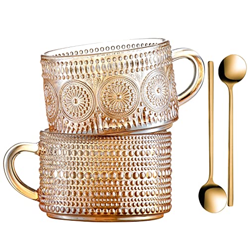 Gezzeny Amber Vintage Coffee Mugs Set of 2 - 14 Oz Embossed Glass Tea Cups for Cappuccino, Latte, Beverage & Gifts