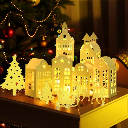 13Pcs Lighted White Christmas Village Houses Set with Trees & Reindeer