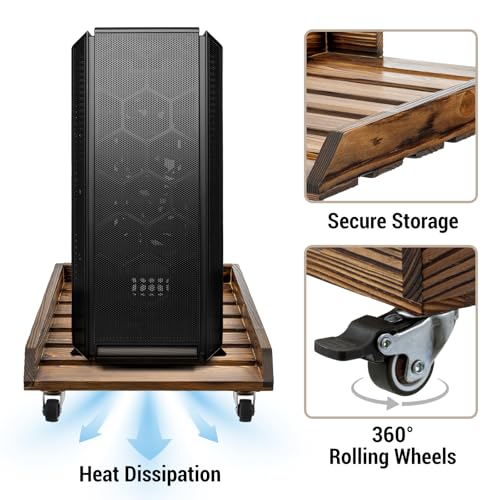 Rustic Solid Wood CPU Tower Stand with Rolling Lockable Caster Wheels