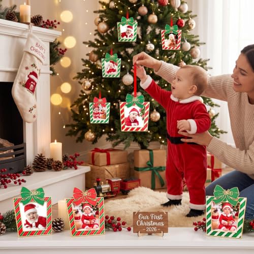 Cindeer 6-Pack Christmas Photo Ornament Frames - Gift Box Shape, 4.33" Outside, 2.36" Inner Photo - Red/Green/White Styles
