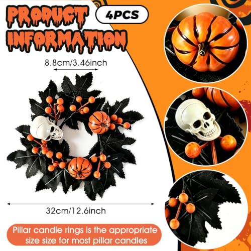4 PCS Halloween Candle Rings with Skulls, Pumpkins, and Black Maple Leaves
