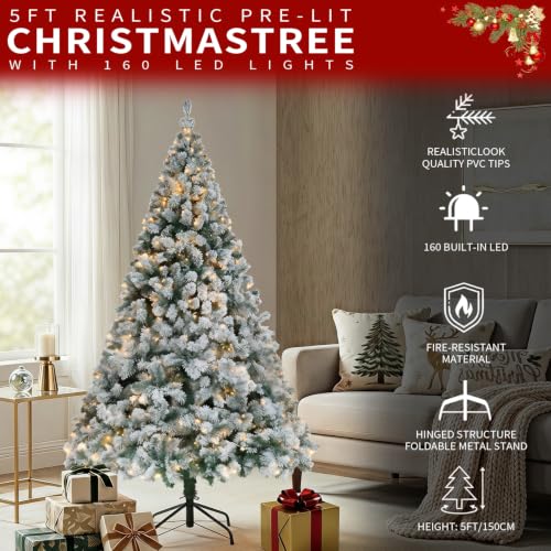 DNKMOR 5FT Christmas Tree with Warm White Lights, Snow Flocked Artificial Xmas Tree