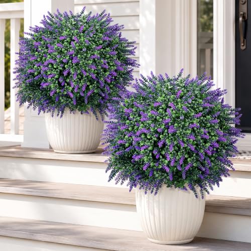 27" Artificial Lavender Topiary Bushes - UV Resistant Outdoor Shrubs, 2 Set