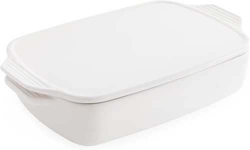 Chef Pomodoro Casserole Dish - Elegant White Ceramic Baking Dish with Lid | 15.5" x 9.3" for Lasagna & Roasting