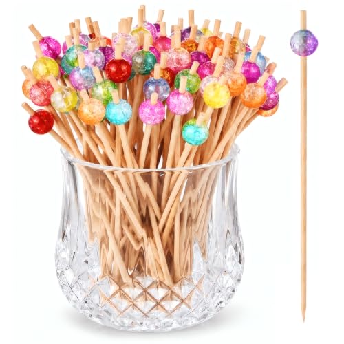 Multicolor Crackle Bead Cocktail Picks - 100 Pack Long Bamboo Appetizer & Garnish Skewers