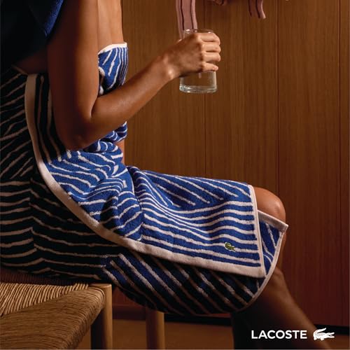 Lacoste Guethary Striped Cotton Bath Towel - Denim, 30x54 inches, Reversible Design