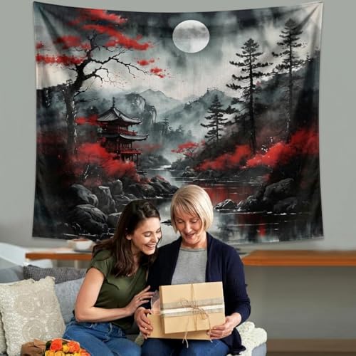 Japanese Anime Mountain Wall Tapestry - Black & Red Forest Hanging Decor