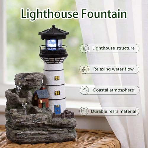 Coastal Lighthouse Tabletop Water Fountain with Blue LED Light