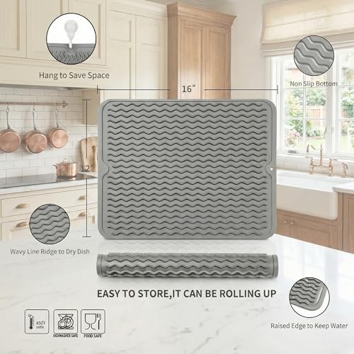 Silicone Dish Drying Mat - Heat Resistant Countertop Trivet, Grey (16x12 In)