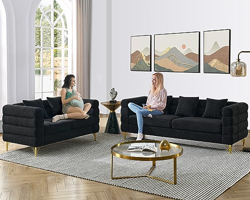 2-Piece Teddy Bouclé Cloud Sofa Set with Gold Legs - 3-Seater & Loveseat