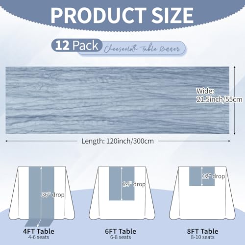 12 Pack Dusty Blue Cheesecloth Table Runners, 21.5 x 120 Inch Gauze Fabric