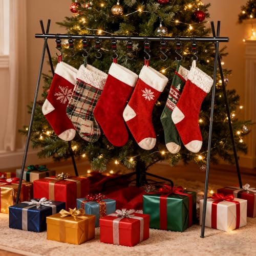 Christmas Stocking Holder Stand with 10 Hooks Foldable Floor Rack Aluminum Black