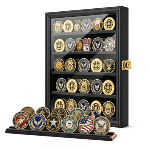 Lockable Wooden Challenge Coin Display Case with Removable Shelves