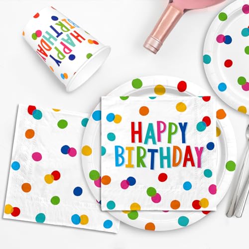 Gatherfun Multicolor Dots Birthday Party Supplies Set - Serves 25, Includes Plates, Napkins, Cups, Banner & Tablecloth